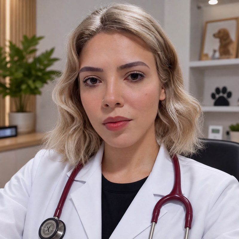 Dra. Gabrieli Sobral, médica-veterinária, de jaleco e estetoscópio